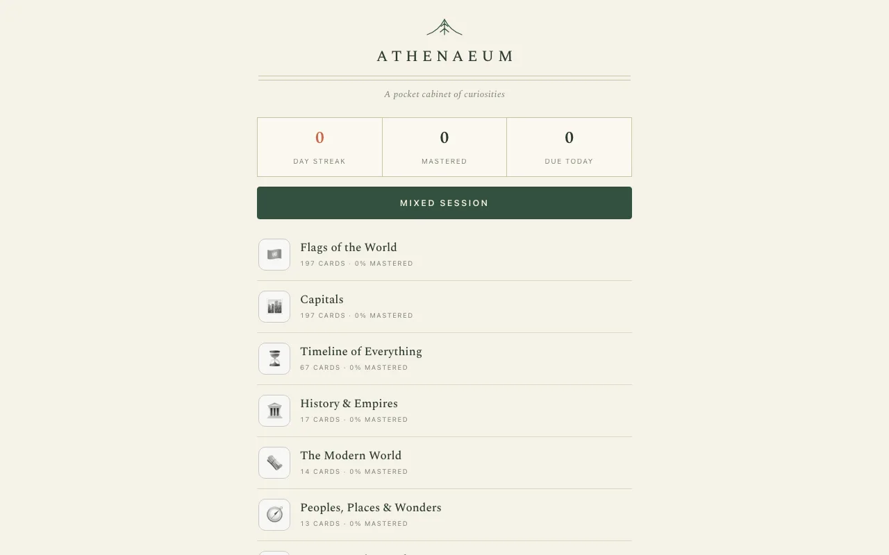Athenaeum: a parchment page listing quiz decks such as Flags of the World and Timeline of Everything