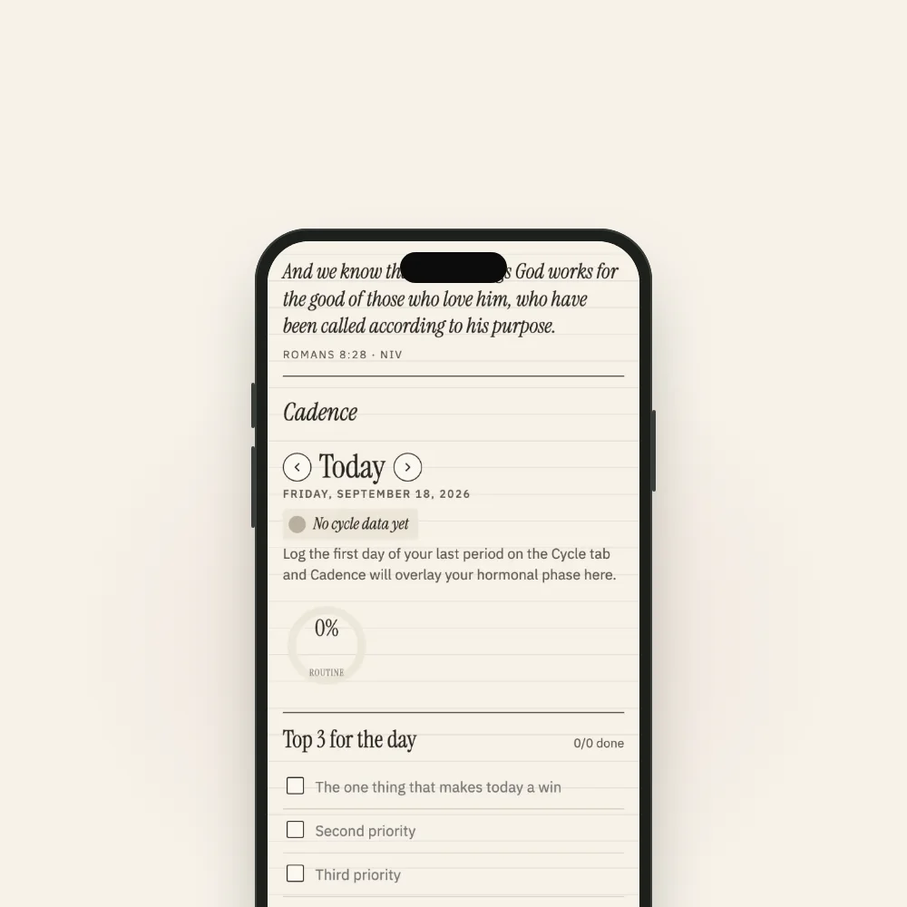 Cadence shown on an iPhone: the Today page with a verse, priorities and check-in