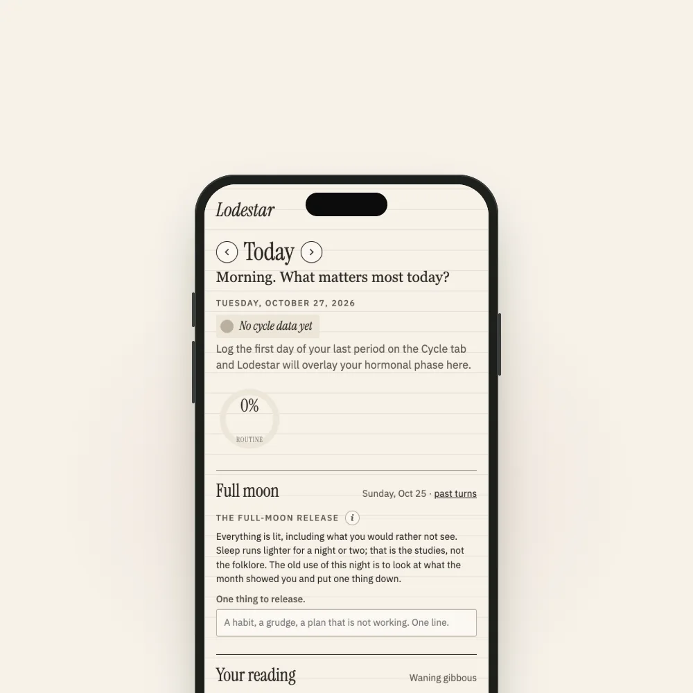 Lodestar shown on an iPhone: the Today page with a verse, priorities and check-in