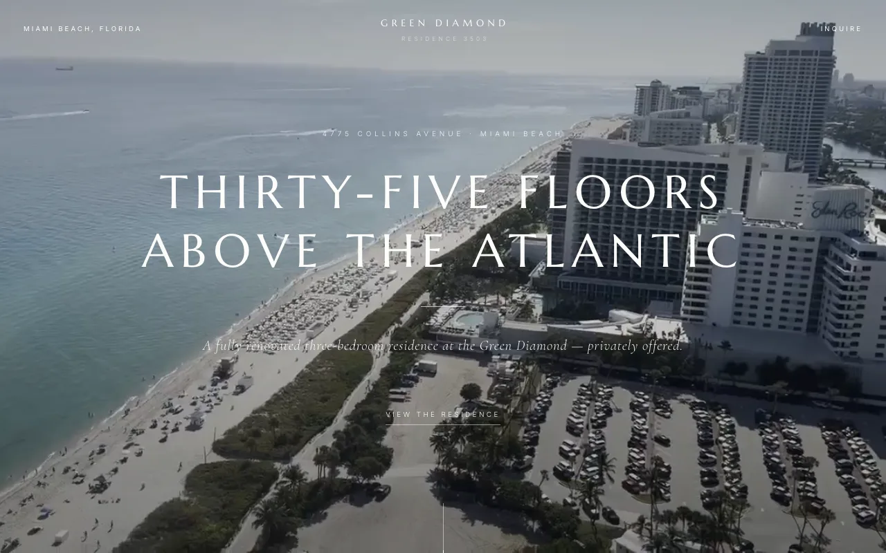 Green Diamond 3503: an aerial photo of the Miami Beach shoreline with the words Thirty-Five Floors Above the Atlantic