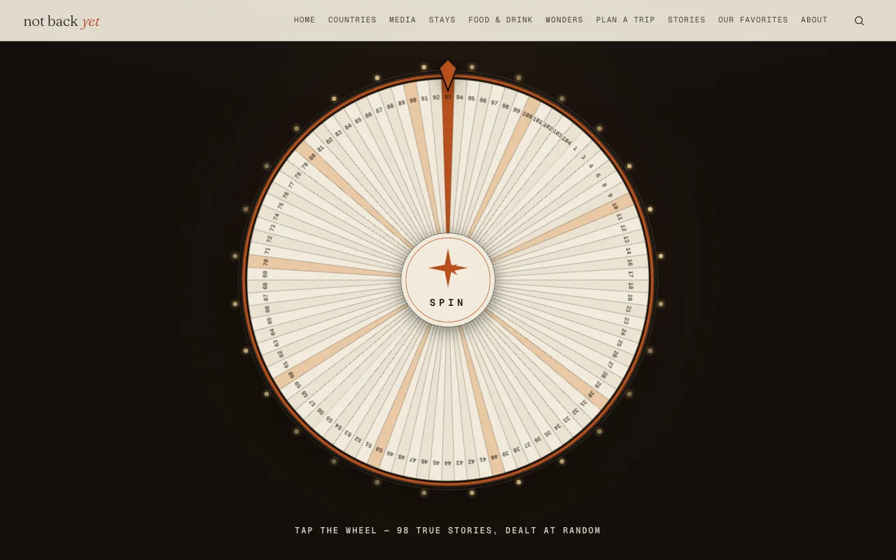 The story wheel on notbackyet.com: a cream carnival wheel of 98 numbered segments on a dark stage