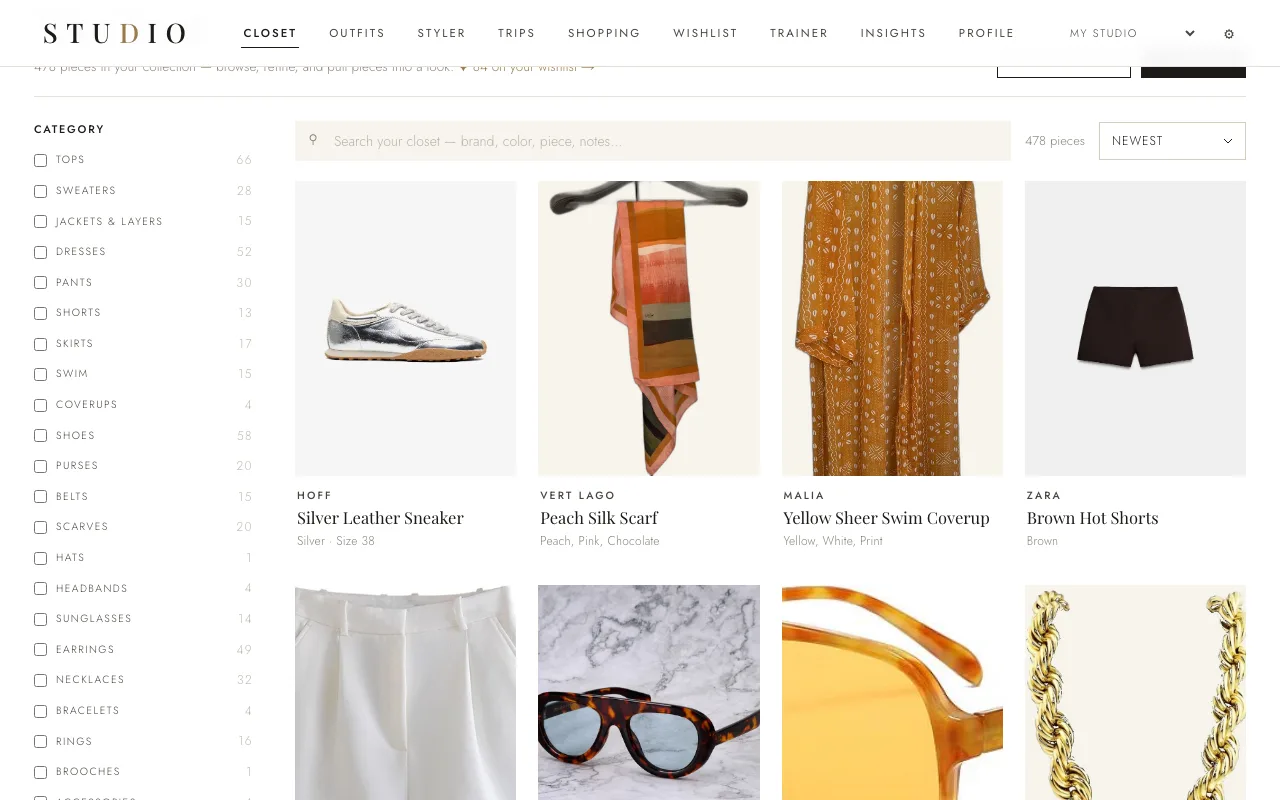 Studio: a digital closet grid of catalogued pieces with a category filter