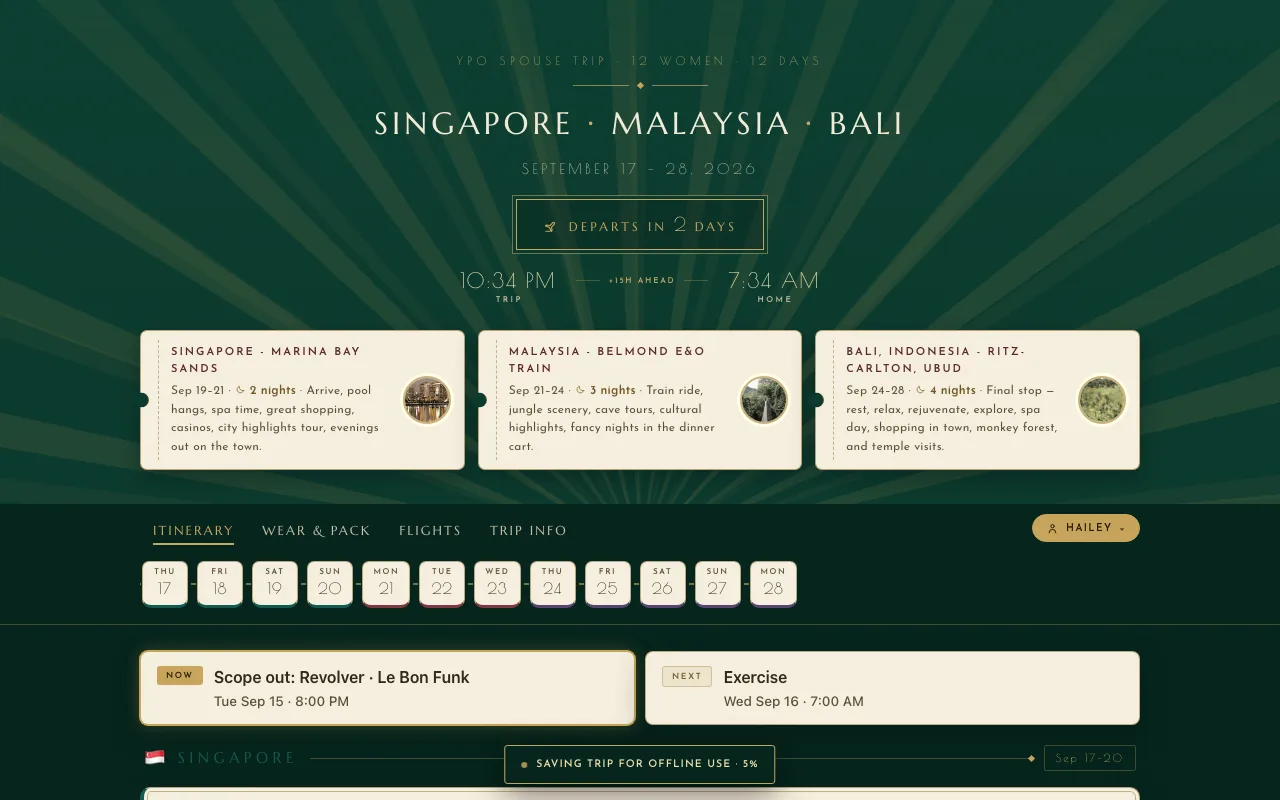 Trip Viewer: an emerald and brass itinerary page for Singapore, Malaysia and Bali with a departure countdown